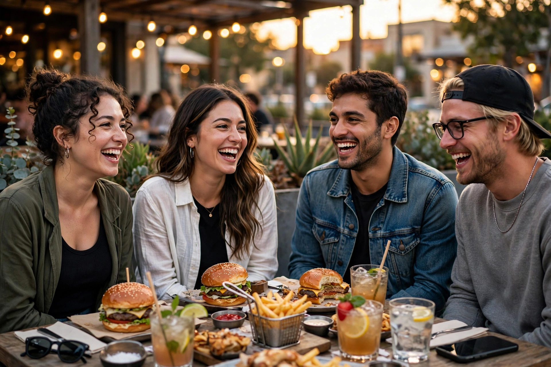 AI-rendered social media photo of friends dining on a patio
